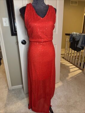 Red Sequin V-Neck Maxi Dress - Unbranded